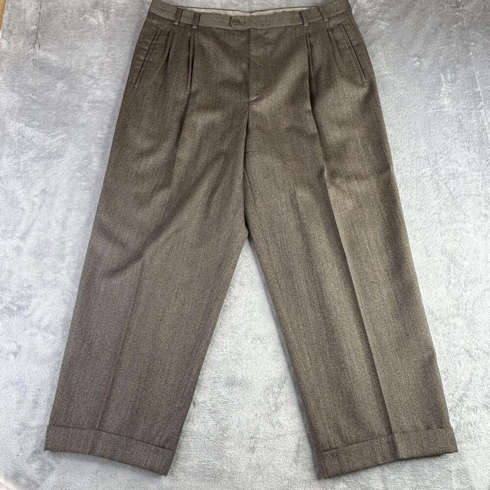 Zanella Dress Pants Mens 36x27 Brown‎ 100% Wool Pleated Cuffed Tweed Made Italy